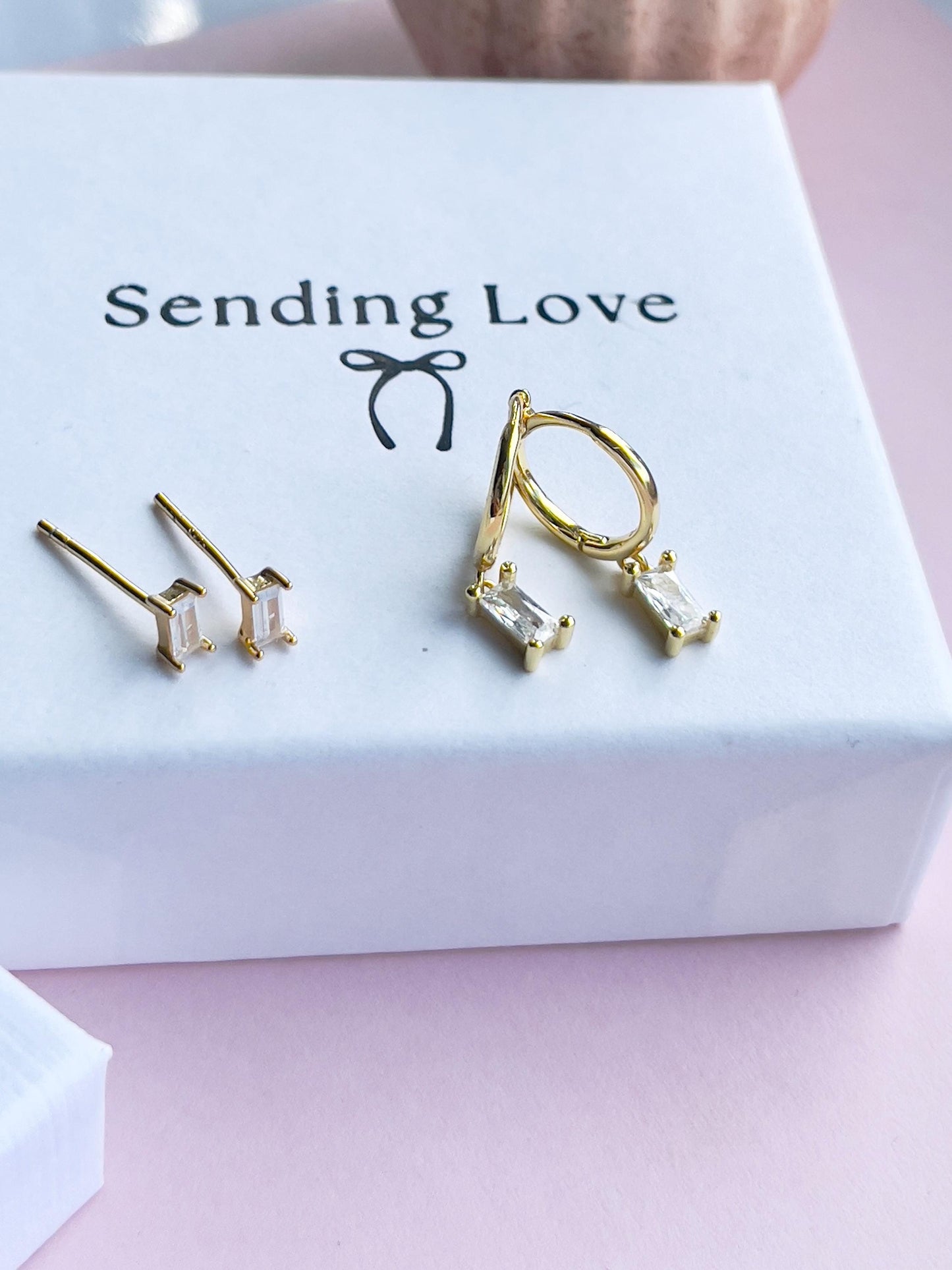 Gold Baguette CZ Earring Set | Hoops & Studs for Multi Pierced Ears | Stacking Jewellery Gift | Curated Ear Set | Christmas Gift for Her