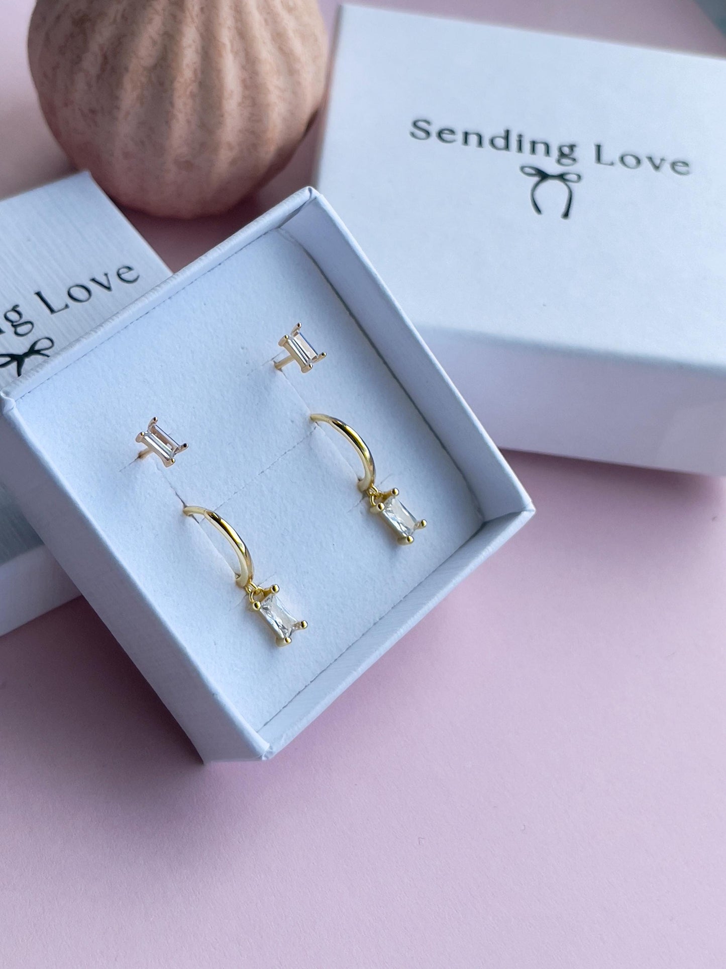 Gold Baguette CZ Earring Set | Hoops & Studs for Multi Pierced Ears | Stacking Jewellery Gift | Curated Ear Set | Christmas Gift for Her