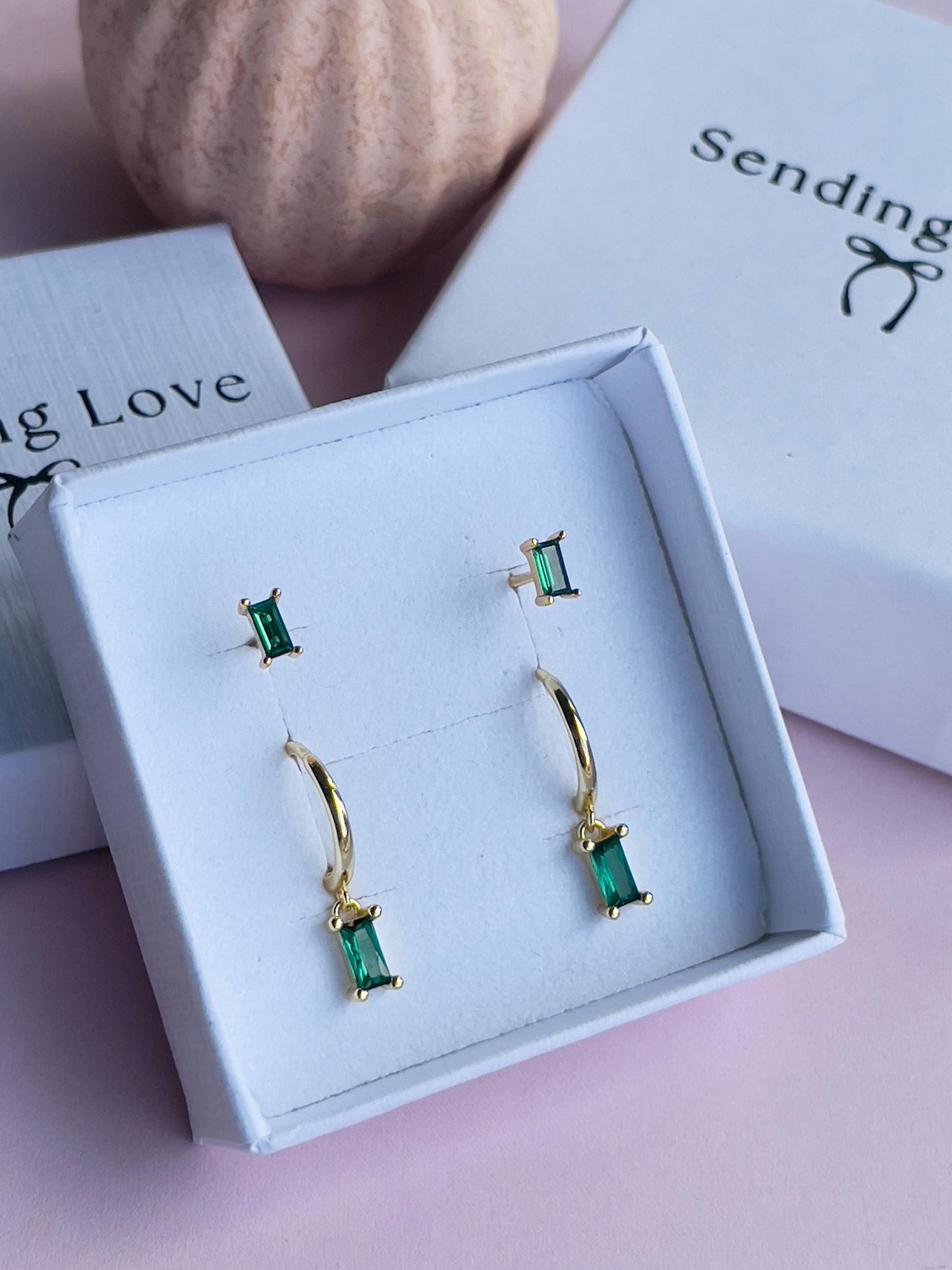 Emerald Earrings Set | Sterling Silver Gold Plated Hoops & Studs | May Birthstone Jewellery Gift | Christmas Gift for Her | Jewellery Set