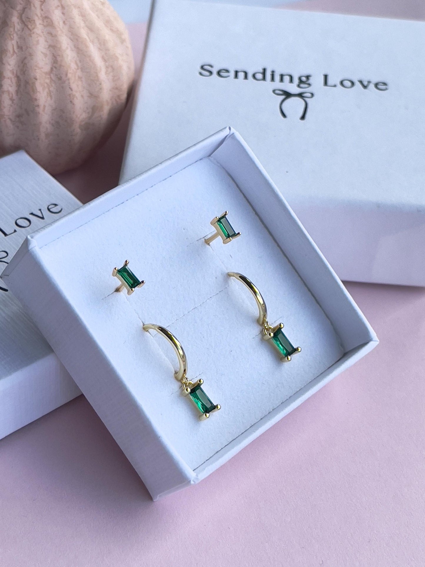 Emerald Earrings Set | Sterling Silver Gold Plated Hoops & Studs | May Birthstone Jewellery Gift | Christmas Gift for Her | Jewellery Set