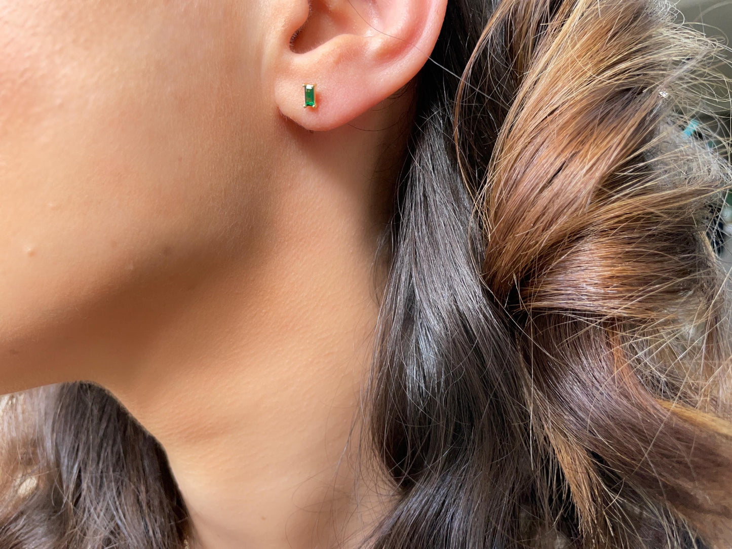 Dainty Emerald Stud Earrings: 925 Silver, 18k Gold Plated