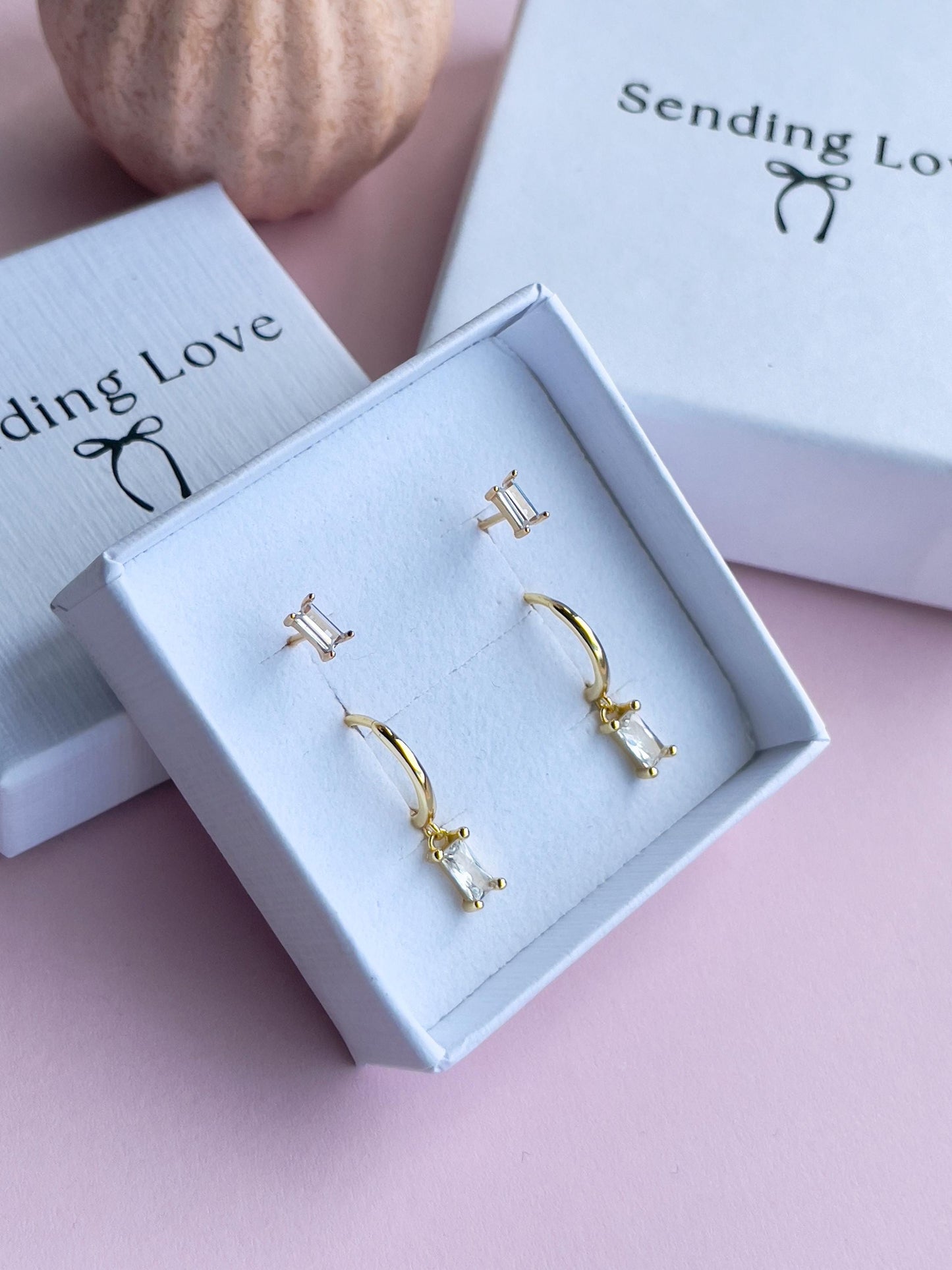 Gold Baguette CZ Earring Set | Hoops & Studs for Multi Pierced Ears | Stacking Jewellery Gift | Curated Ear Set | Christmas Gift for Her