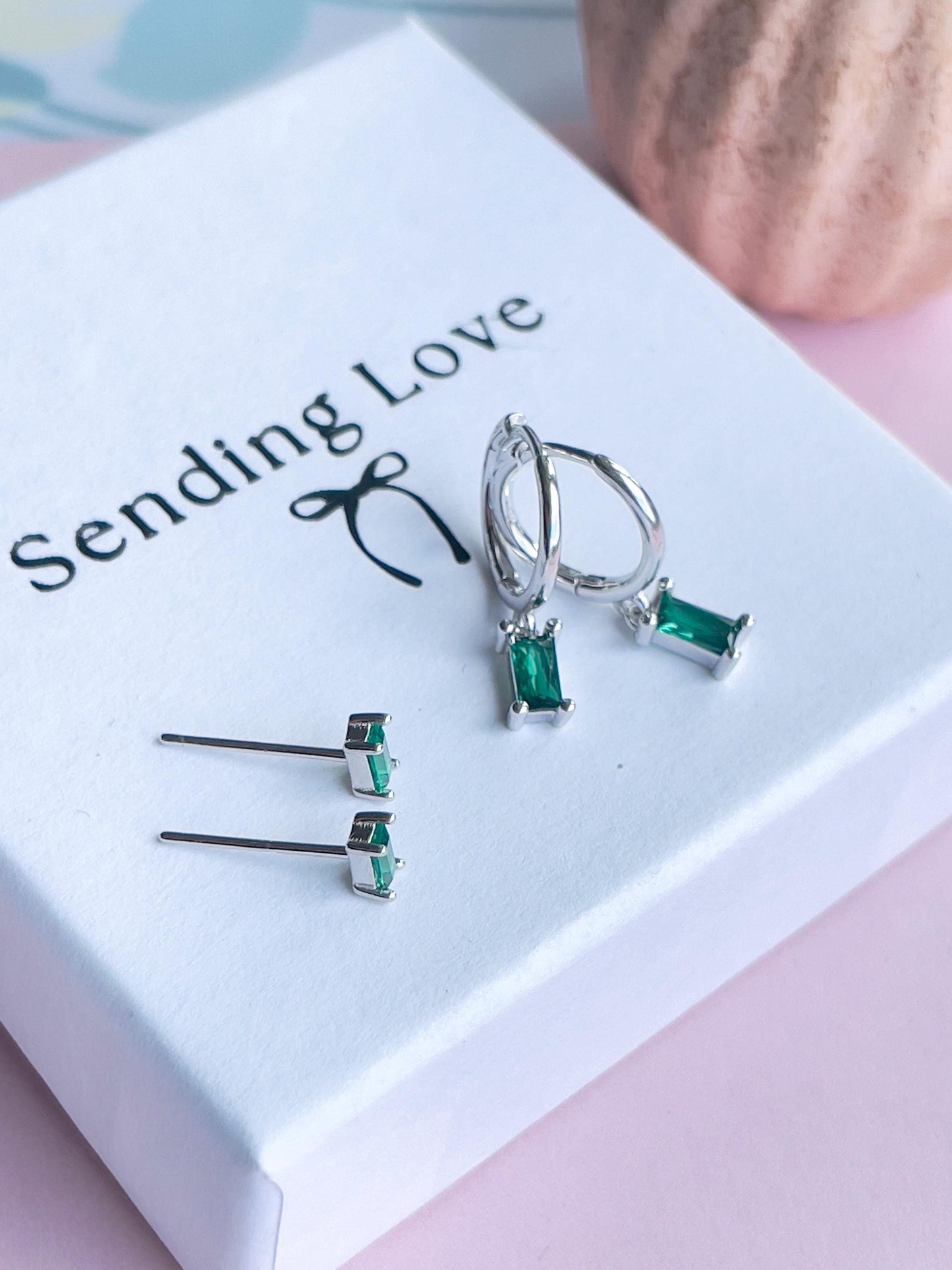 Emerald Earrings Set | Sterling Silver Gold Plated Hoops & Studs | May Birthstone Jewellery Gift | Christmas Gift for Her | Jewellery Set