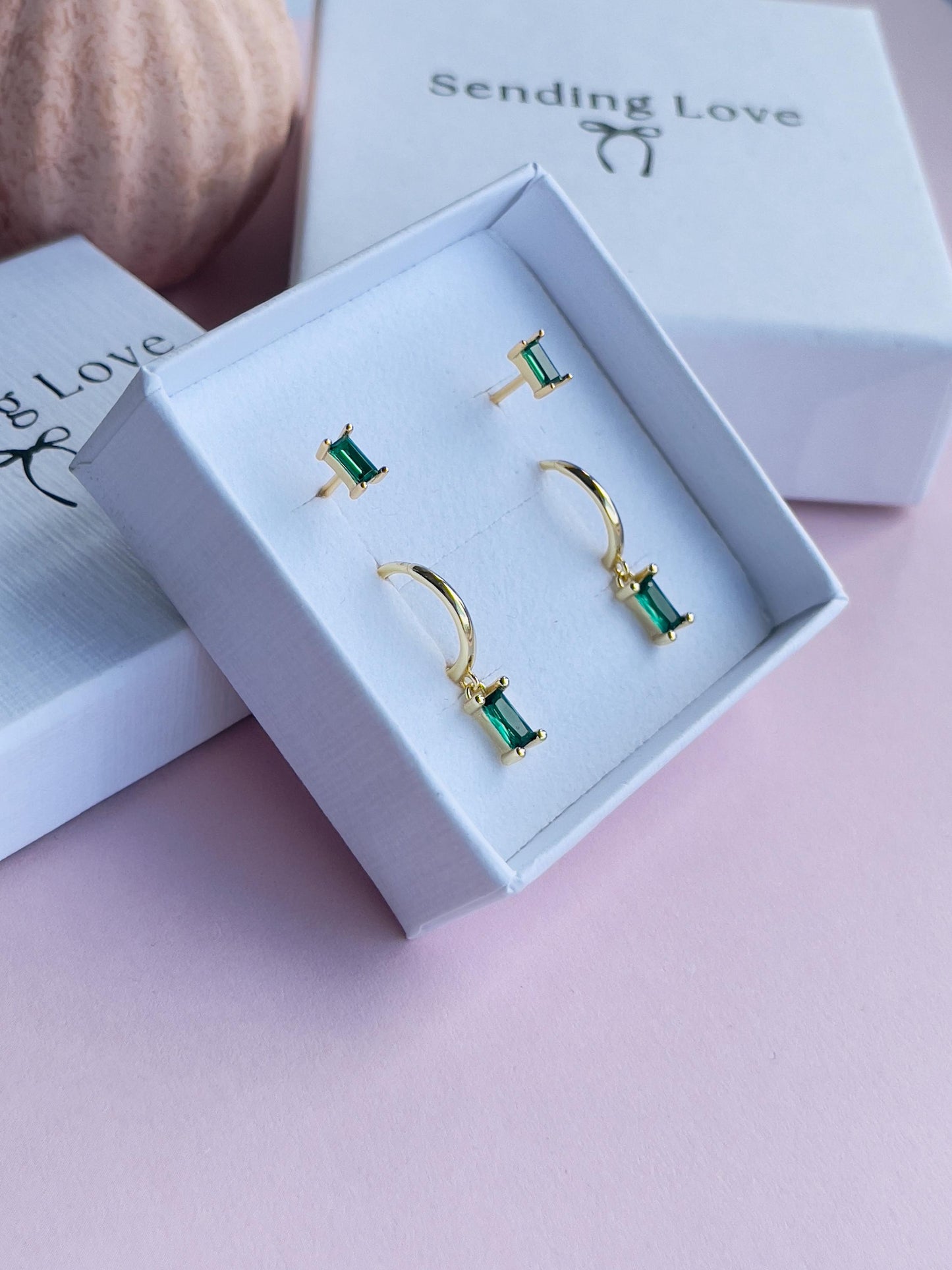 Emerald Earrings Set | Sterling Silver Gold Plated Hoops & Studs | May Birthstone Jewellery Gift | Christmas Gift for Her | Jewellery Set