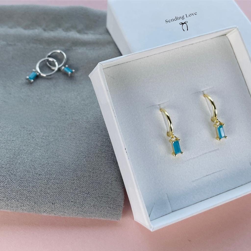 Turquoise Hoop Earrings | Gold or Silver Baguette Stone Hoops | Boho Jewellery Gift | Christmas Stocking Filler | Dainty Earrings for Her