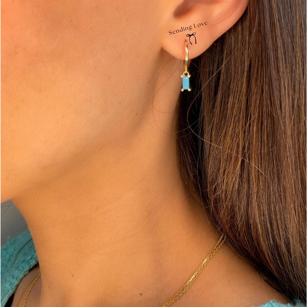 Turquoise Hoop Earrings | Gold or Silver Baguette Stone Hoops | Boho Jewellery Gift | Christmas Stocking Filler | Dainty Earrings for Her
