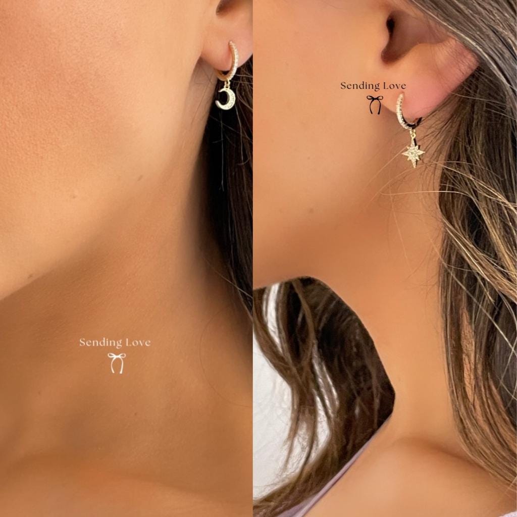 Moon and Star Hoop Earrings | Gold Plated 925 Silver Celestial Hoops | Sparkling Cubic Zirconia Earrings | Christmas Gift for Her