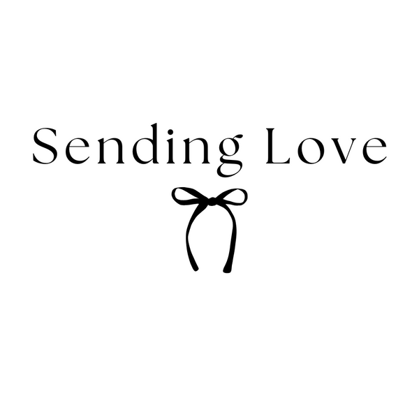Text 'Sending Love' with a bow graphic on a white background