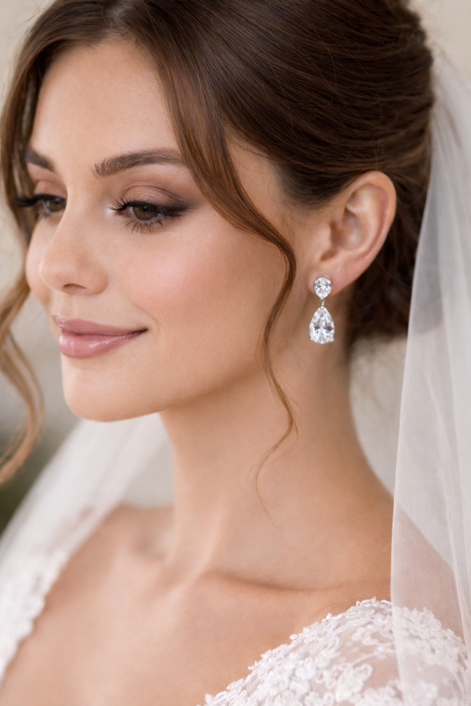 Close-up of a bridal earrings wearing a veil and diamond earrings.