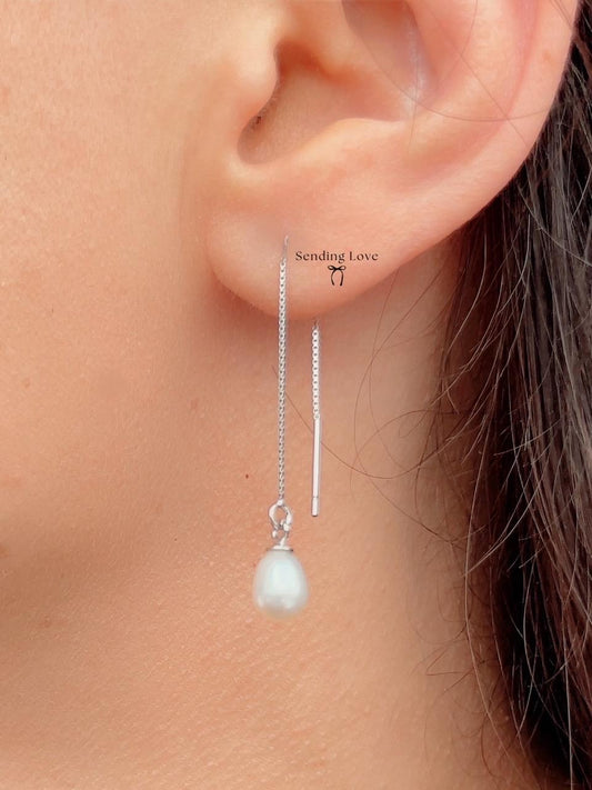 Sterling Silver Pearl Threader Earrings: Elegant Dangle Drop
