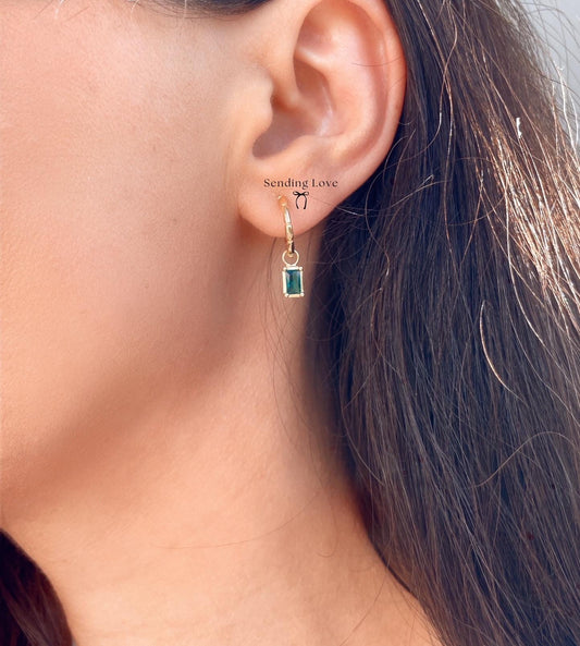 Emerald Charm Hoop Earrings | Gold or Silver Hoops | Christmas Party Jewellery Gift | May Birthstone Earrings | Stocking Filler Under 25