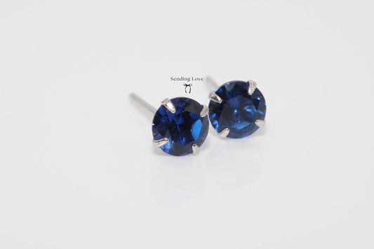 Sapphire CZ Stud Earrings: 925 Silver, September Birthstone
