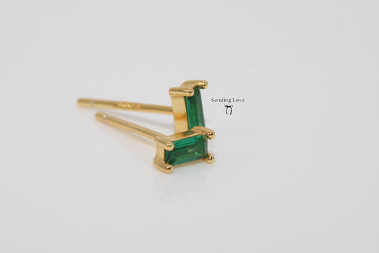 Dainty Emerald Stud Earrings: 925 Silver, 18k Gold Plated