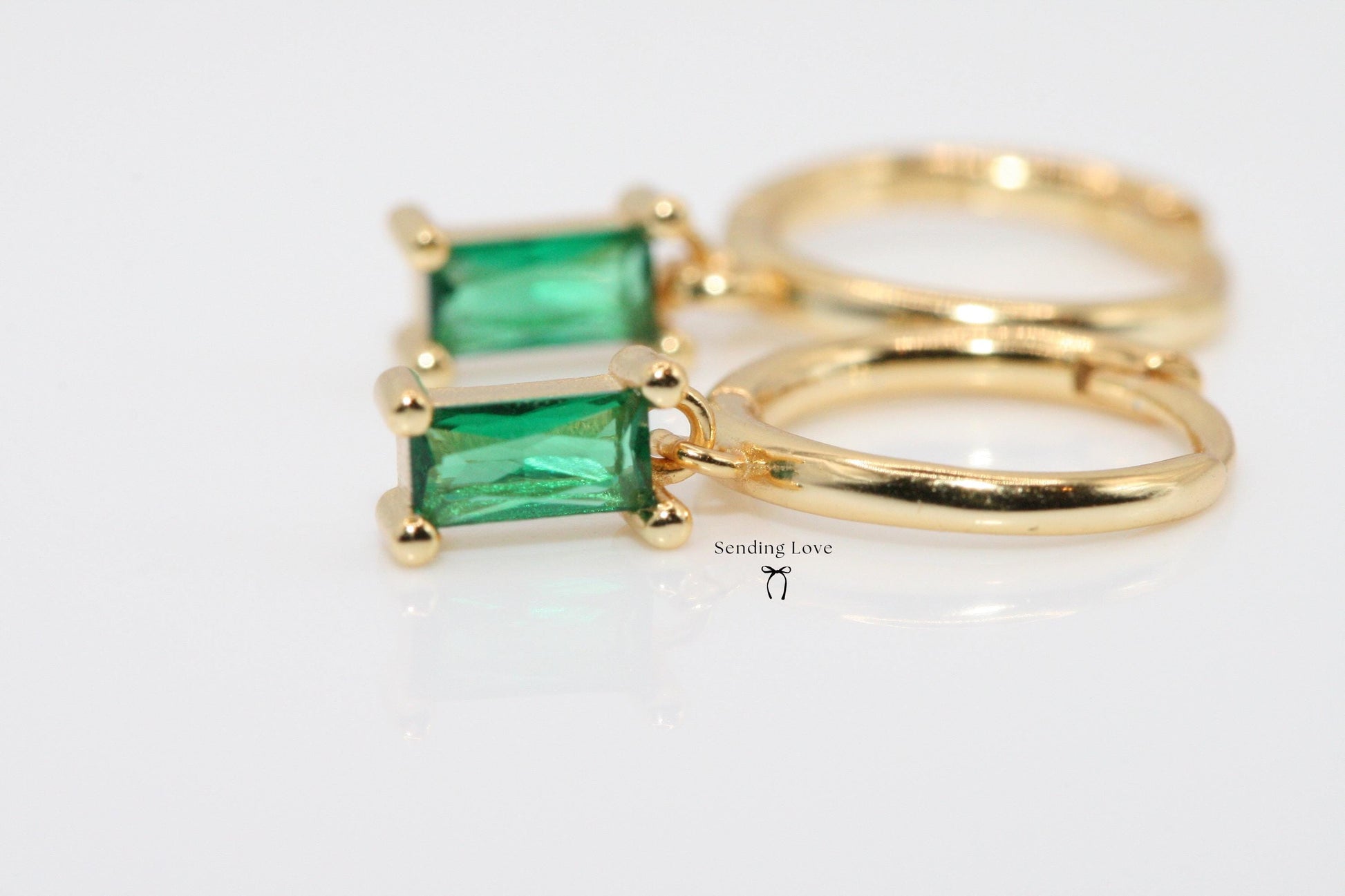 Gold Emerald Hoop Earrings – Green Gemstone Hoops – Dainty Drop Earrings – Bridesmaid Gift – Christmas Jewellery Gift for Her