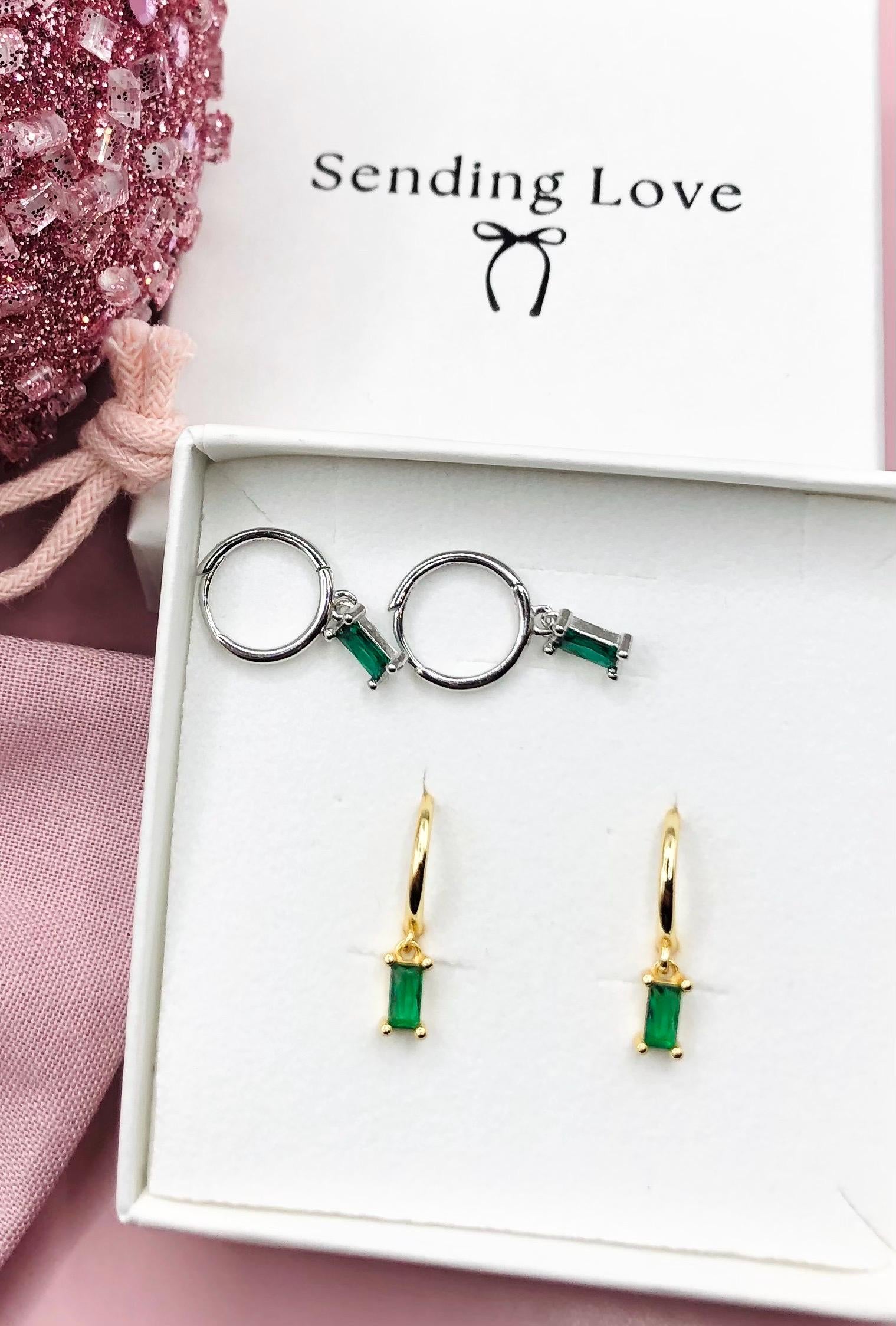 Gold Emerald Hoop Earrings – Green Gemstone Hoops – Dainty Drop Earrings – Bridesmaid Gift – Christmas Jewellery Gift for Her