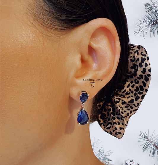 Sapphire Teardrop Earrings | Gold Plated Dangle Earrings | Statement Party Jewellery | Christmas Gift for Her | Sparkling Earrings