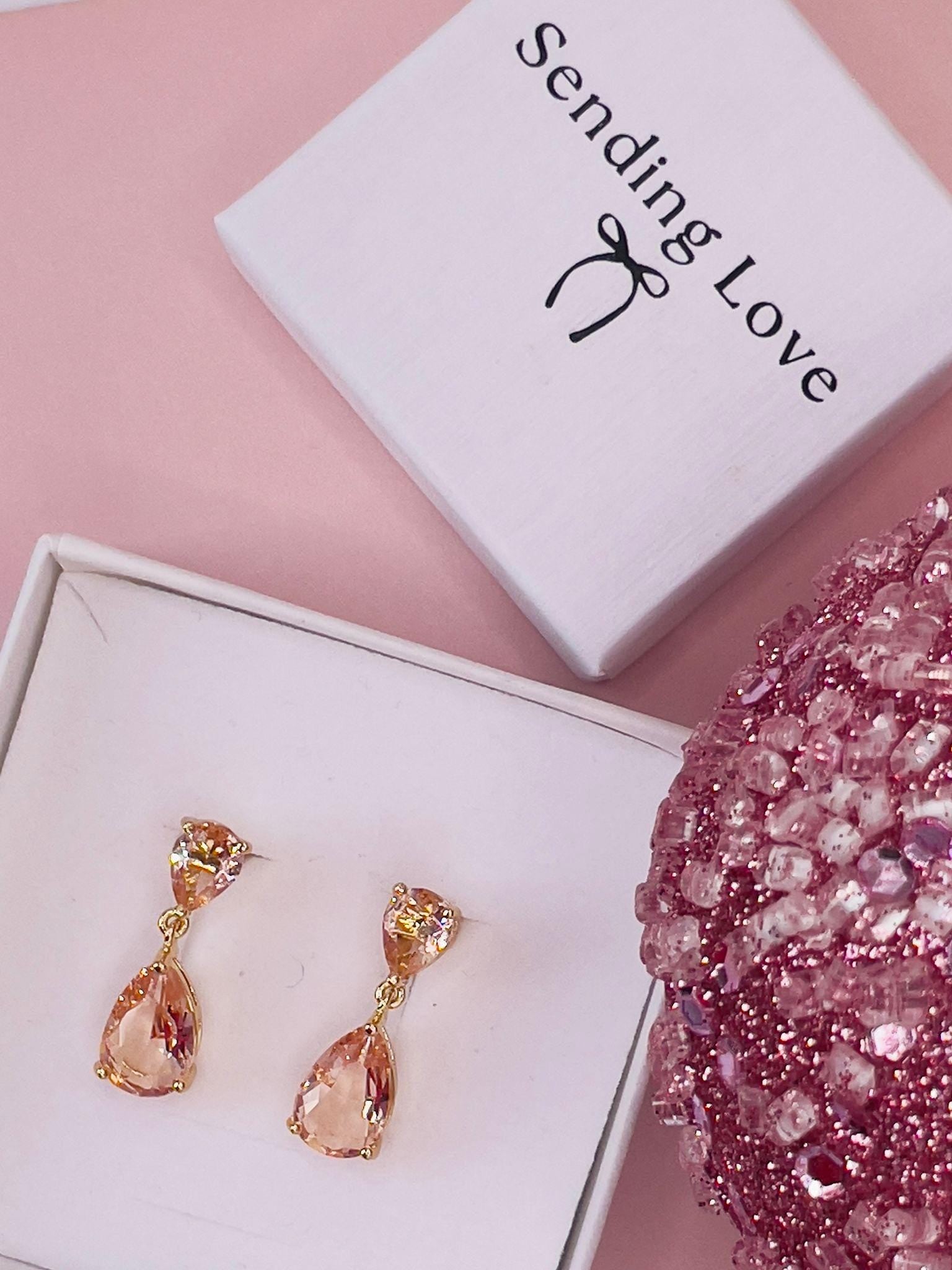 Blush Teardrop Earrings | Gold Plated Dangle Earrings | Winter Wedding Jewellery | Christmas Party Earrings | Romantic Gift for Her Under 25
