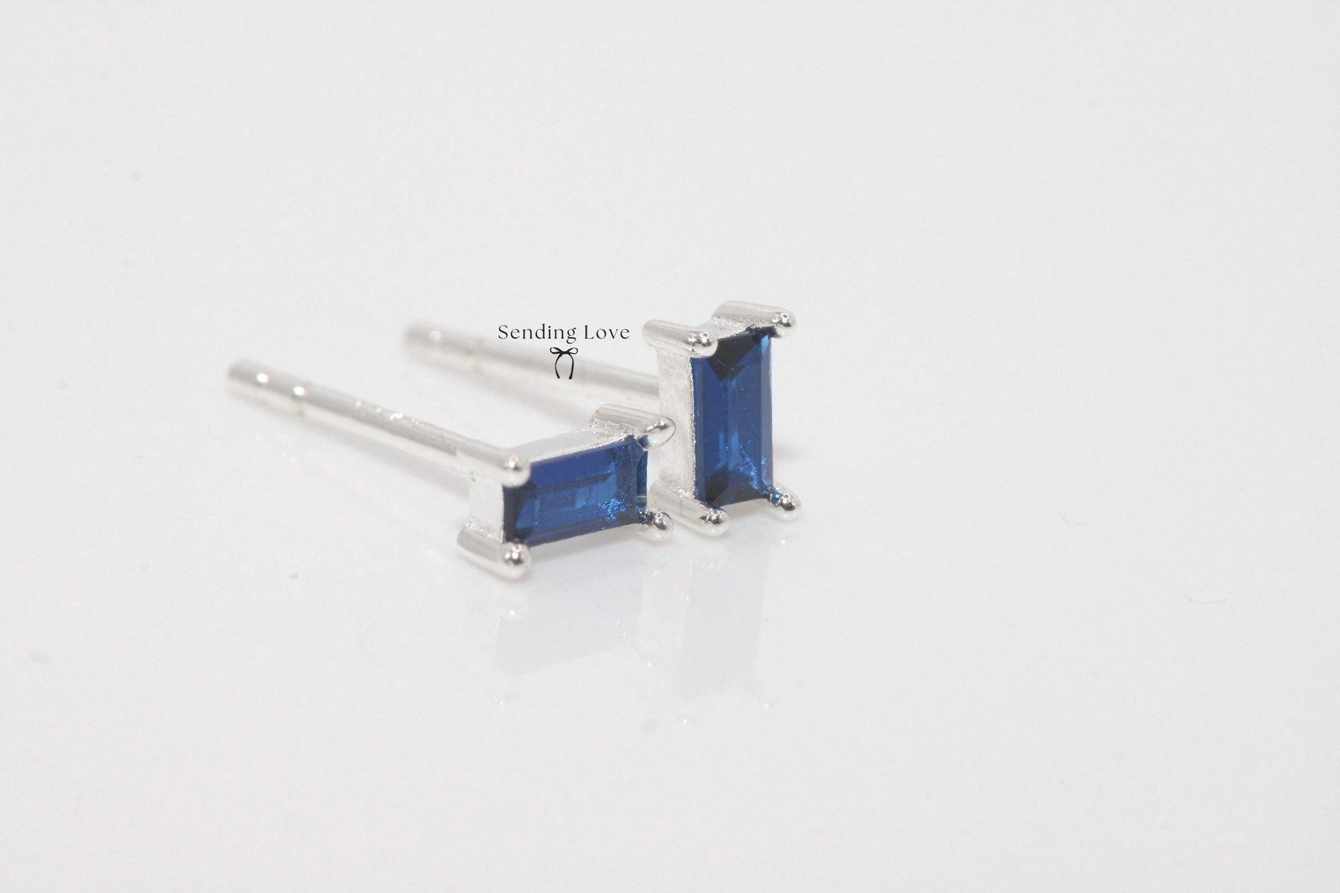 Sapphire 925 Silver Stud Earrings: Dainty Rectangle Design