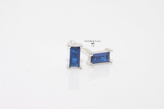 Sapphire 925 Silver Stud Earrings: Dainty Rectangle Design