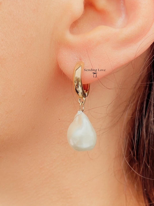 Gold Hoop Pearl Drop Earrings: Sterling Silver Post