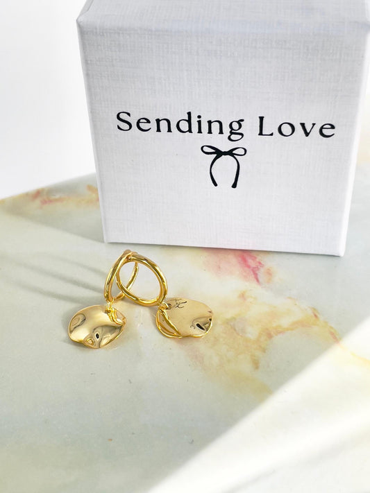 Gold Disc Hoop Earrings | Textured Charm Hoops | Modern Minimal Jewellery Gift | Christmas Earrings for Her | Everyday Gold Hoops