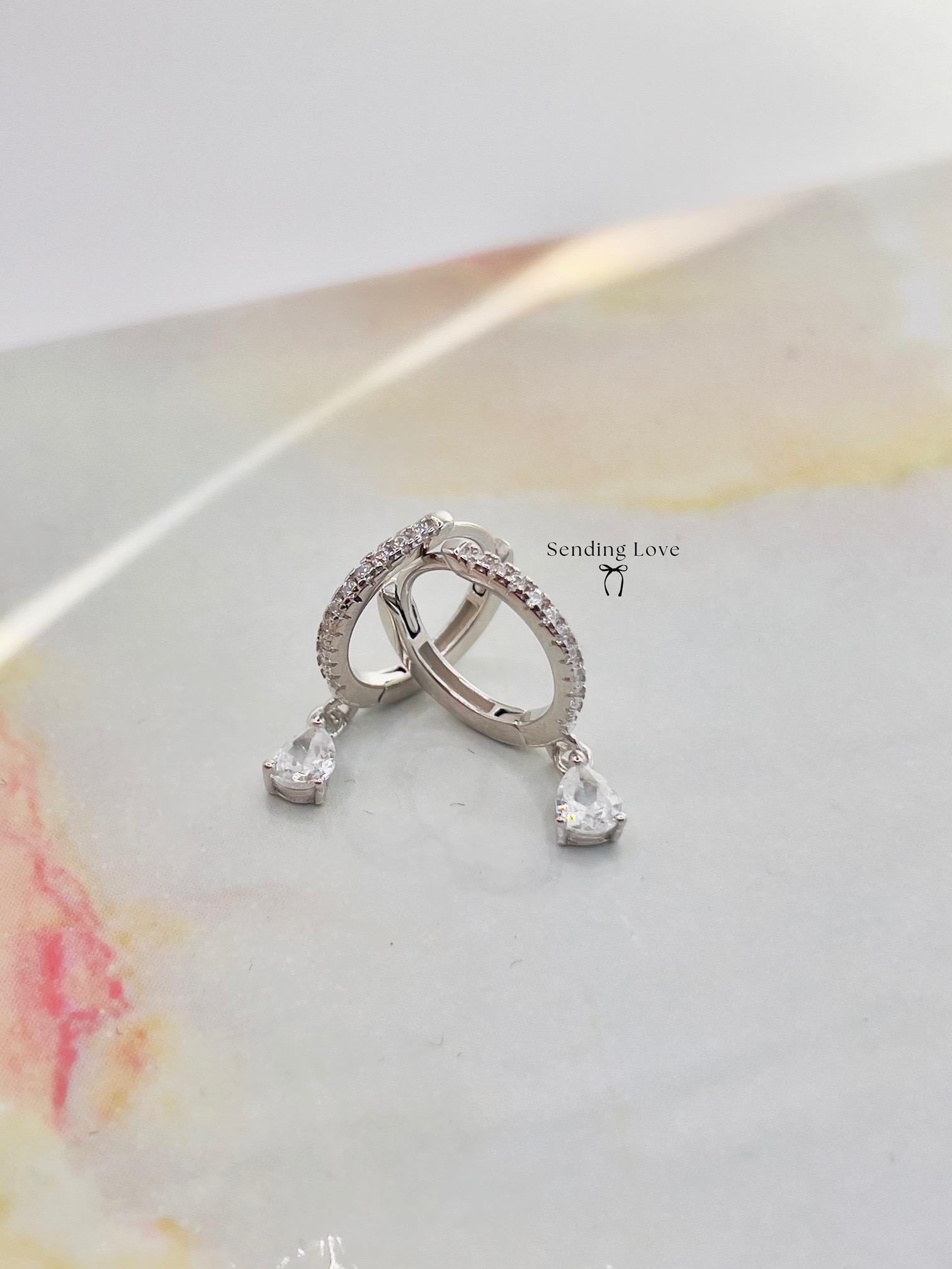 Silver CZ Hoop Earrings | Dainty Sparkly Hoops | Teardrop Crystal Drop Earrings | Bridesmaid Jewellery | Christmas Gift for Her