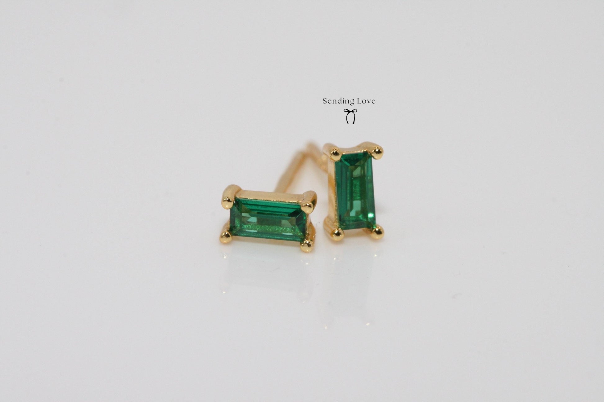 Dainty Emerald Stud Earrings: 925 Silver, 18k Gold Plated