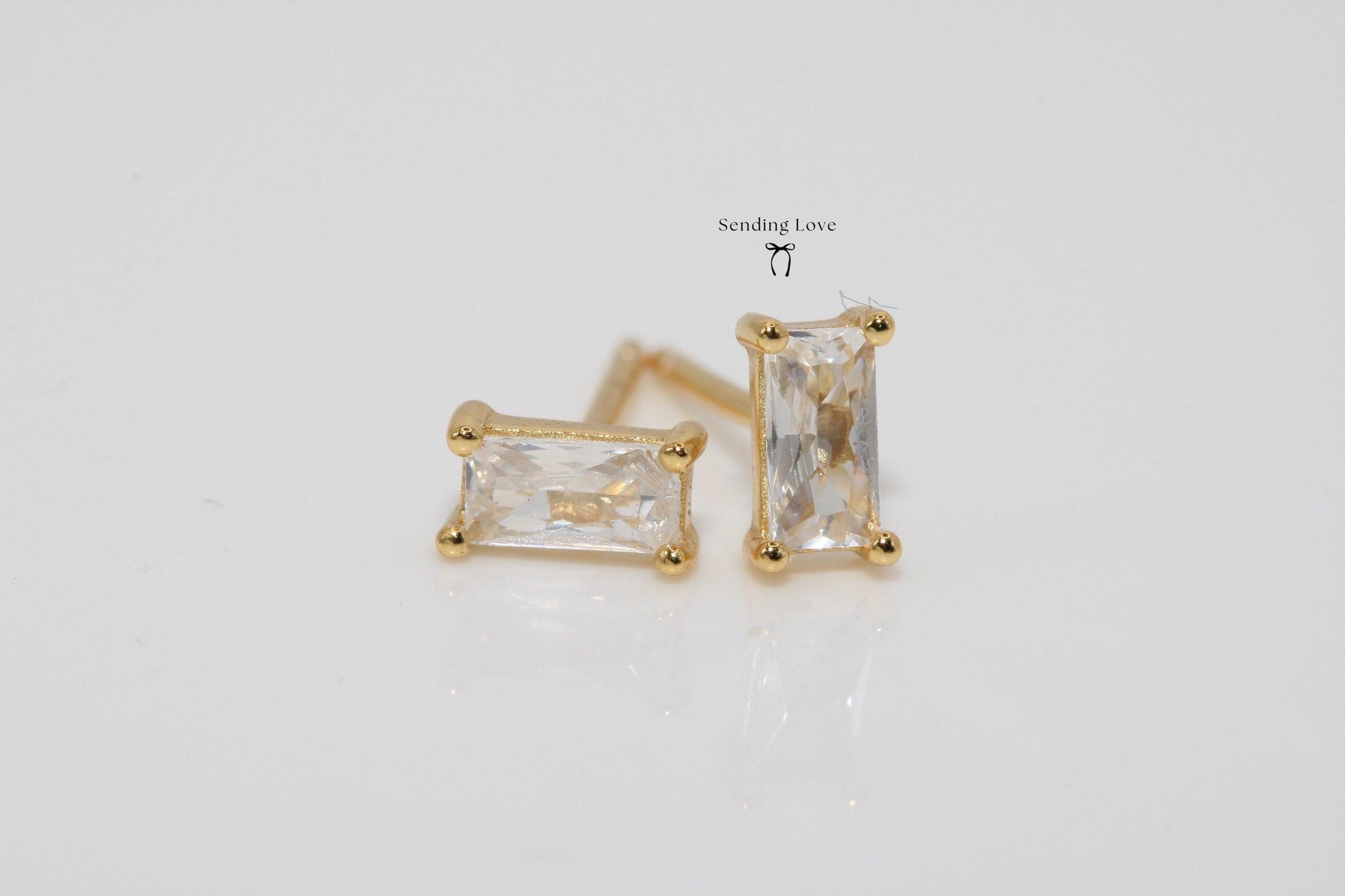 Gold Plated Rectangle Stud Earrings: 925 Silver Base, Cubic Zirconia