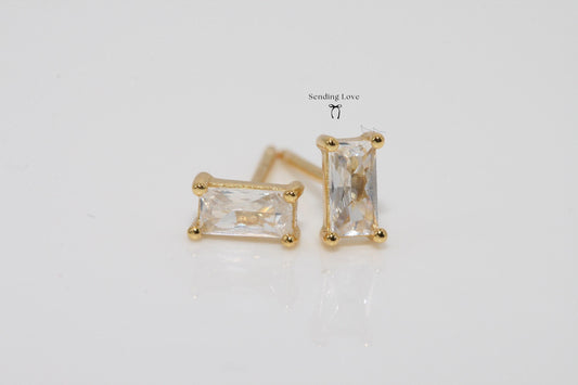 Gold Plated Rectangle Stud Earrings: 925 Silver Base, Cubic Zirconia