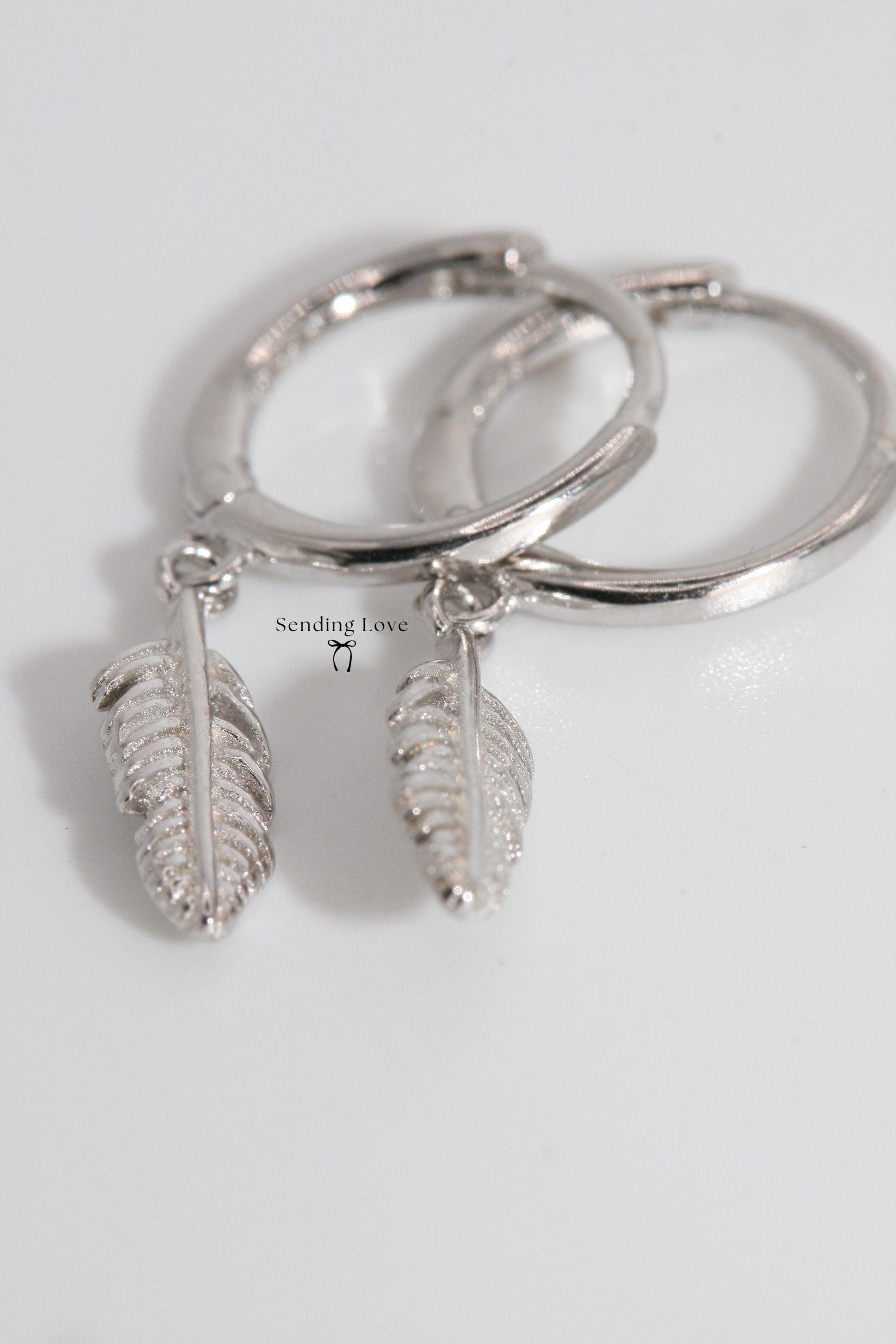 Feather Dangle Huggie Hoop Earrings: 925 Sterling Silver, Boho Style