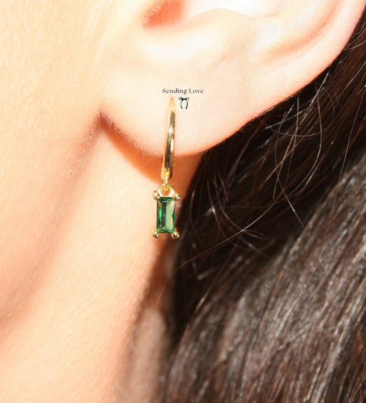 Gold Emerald Hoop Earrings – Green Gemstone Hoops – Dainty Drop Earrings – Bridesmaid Gift – Christmas Jewellery Gift for Her