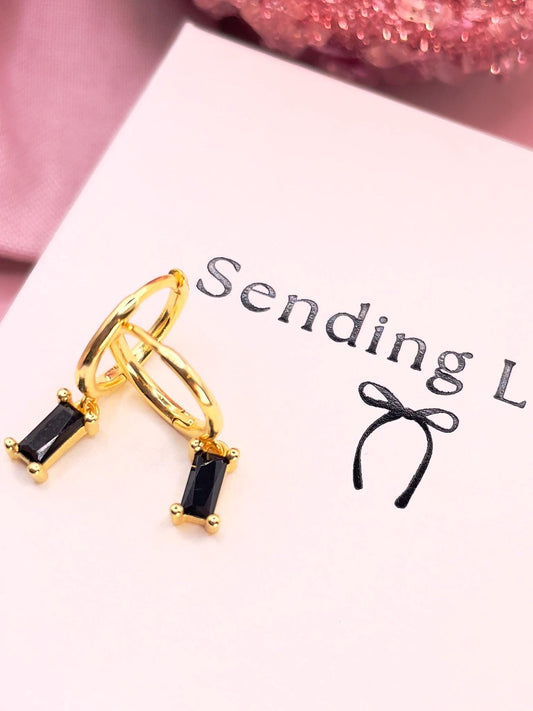 Gold Huggie Hoop Earrings: Black Onyx Dangle, 925 Sterling Silver