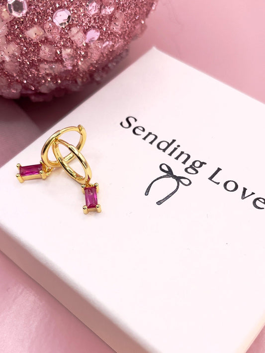 Gold Huggie Hoop Earrings: Pink Gemstone Dangle, Sterling Silver