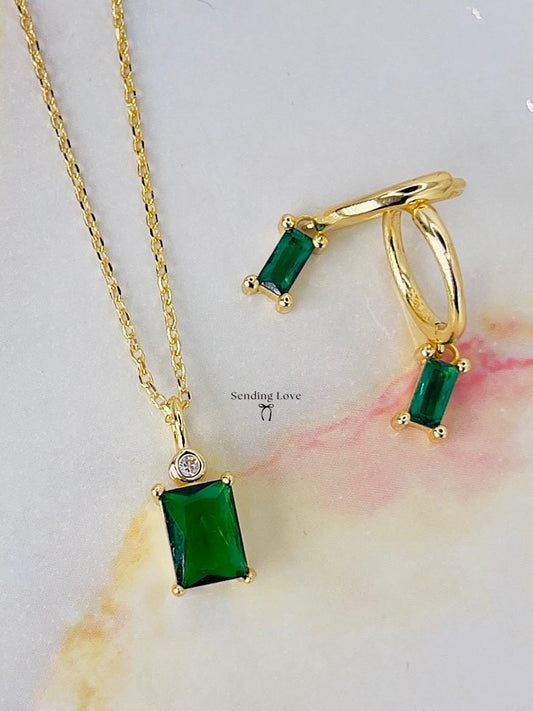 Emerald Jewelry Set: Sterling Silver Necklace and Earrings