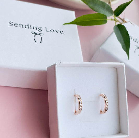CZ Huggie Hoop Earrings: 925 Sterling Silver, Rose Gold
