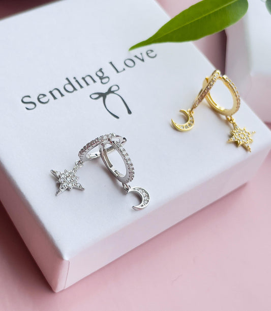 Moon and Star Hoop Earrings | Gold Plated 925 Silver Celestial Hoops | Sparkling Cubic Zirconia Earrings | Christmas Gift for Her