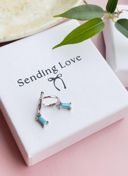 Turquoise Hoop Earrings | Gold or Silver Baguette Stone Hoops | Boho Jewellery Gift | Christmas Stocking Filler | Dainty Earrings for Her