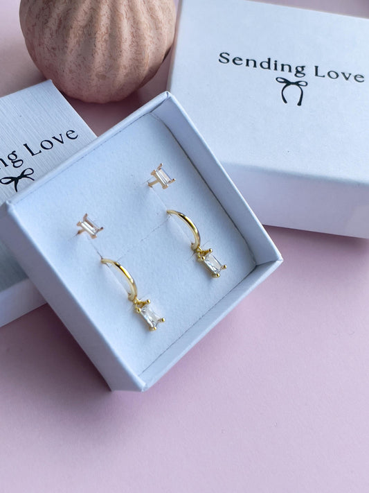 Gold Baguette CZ Earring Set | Hoops & Studs for Multi Pierced Ears | Stacking Jewellery Gift | Curated Ear Set | Christmas Gift for Her