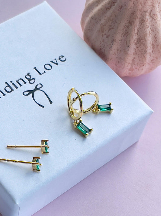 Emerald Earrings Set | Sterling Silver Gold Plated Hoops & Studs | May Birthstone Jewellery Gift | Christmas Gift for Her | Jewellery Set