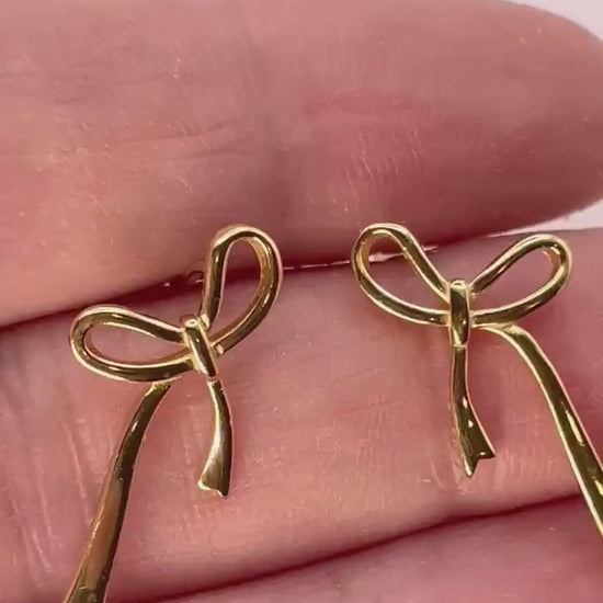 Gold Bow Earrings – 18ct Gold Plated 925 Silver, Statement Earrings, Christmas Party Earrings, Gift for Her, Dainty Ribbon Earrings