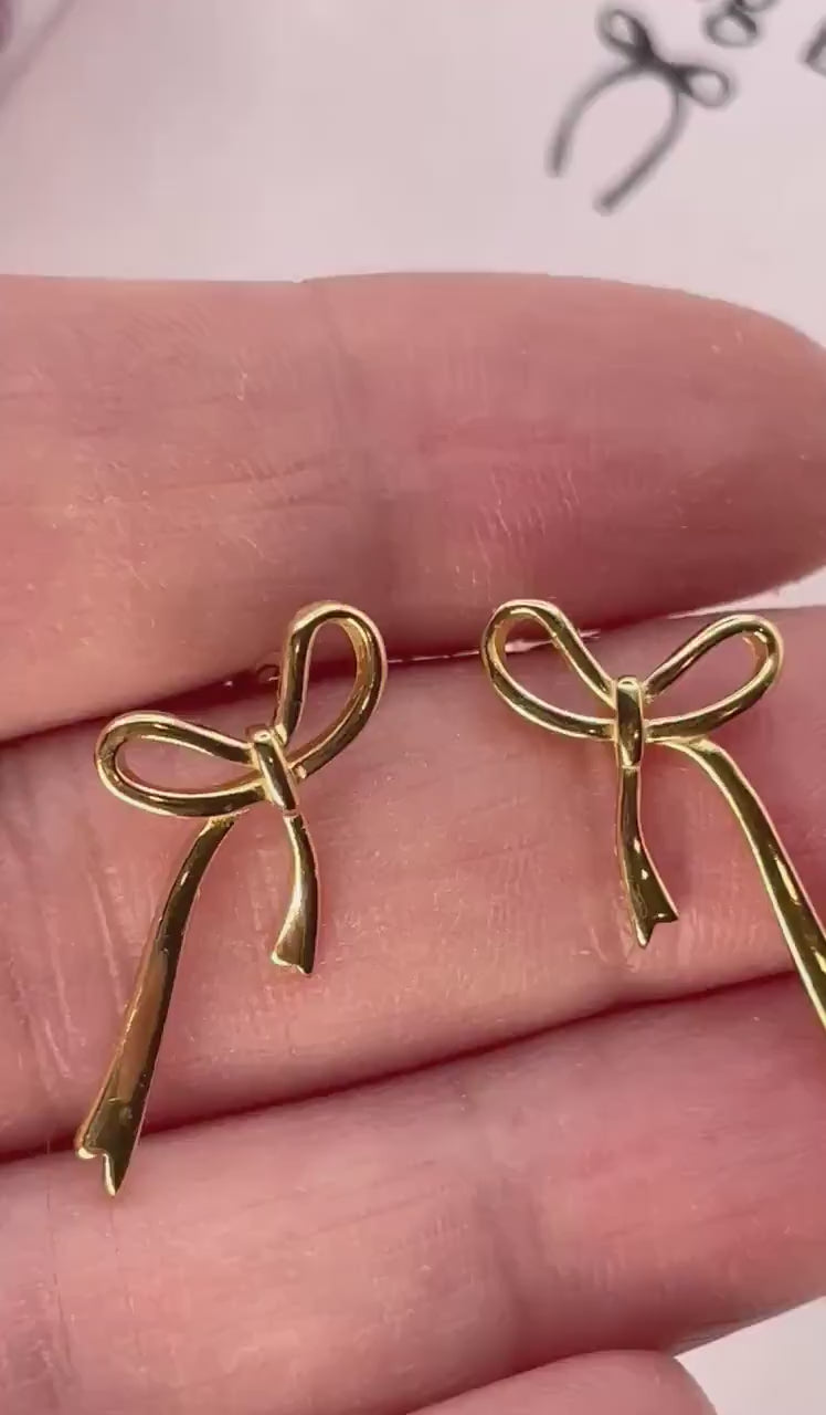 Gold Bow Earrings – 18ct Gold Plated 925 Silver, Statement Earrings, Christmas Party Earrings, Gift for Her, Dainty Ribbon Earrings