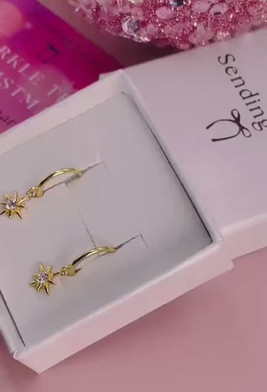 925 Sterling Silver Star Hoop Earrings | Gold Starburst Hoops | Dainty Christmas Earrings Gift for Her | Jewellery Under 25