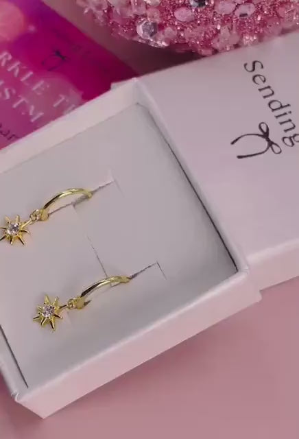 925 Sterling Silver Star Hoop Earrings | Gold Starburst Hoops | Dainty Christmas Earrings Gift for Her | Jewellery Under 25