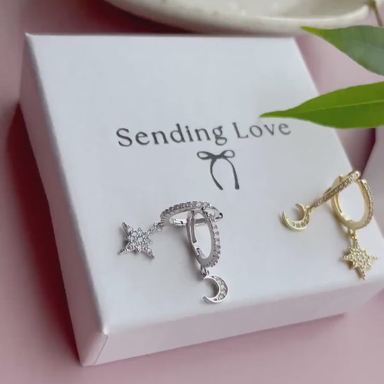 Moon and Star Hoop Earrings | Gold Plated 925 Silver Celestial Hoops | Sparkling Cubic Zirconia Earrings | Christmas Gift for Her