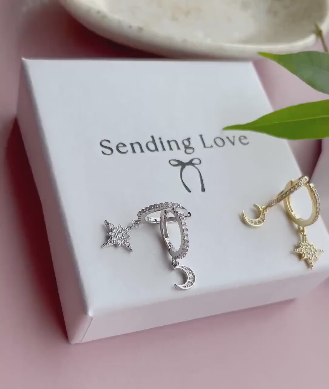 Moon and Star Hoop Earrings | Gold Plated 925 Silver Celestial Hoops | Sparkling Cubic Zirconia Earrings | Christmas Gift for Her