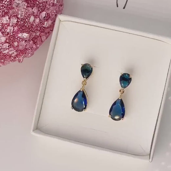 Sapphire Teardrop Earrings | Gold Plated Dangle Earrings | Statement Party Jewellery | Christmas Gift for Her | Sparkling Earrings